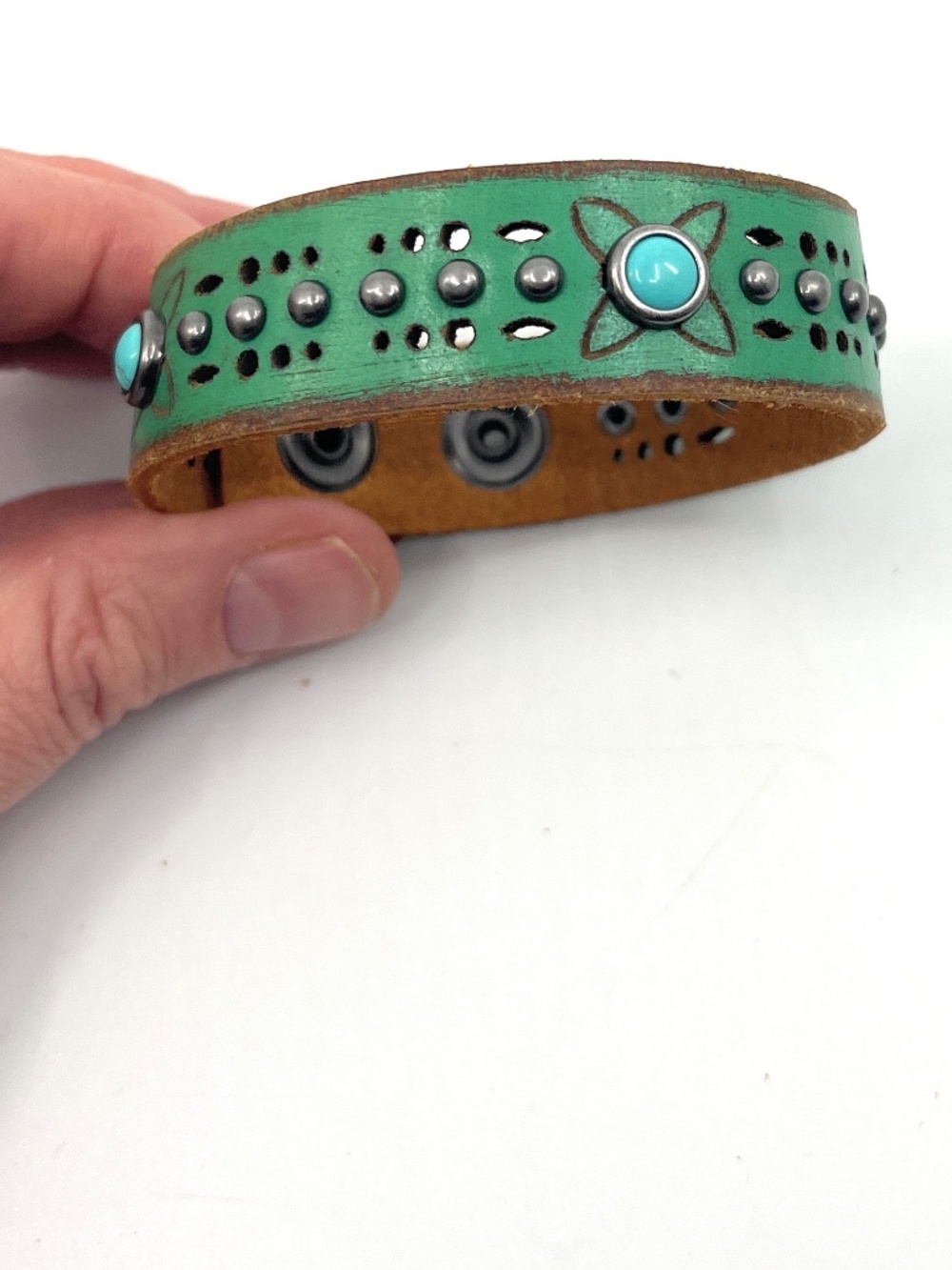 Green Leather Tooled Stud Western Bracelet NEW